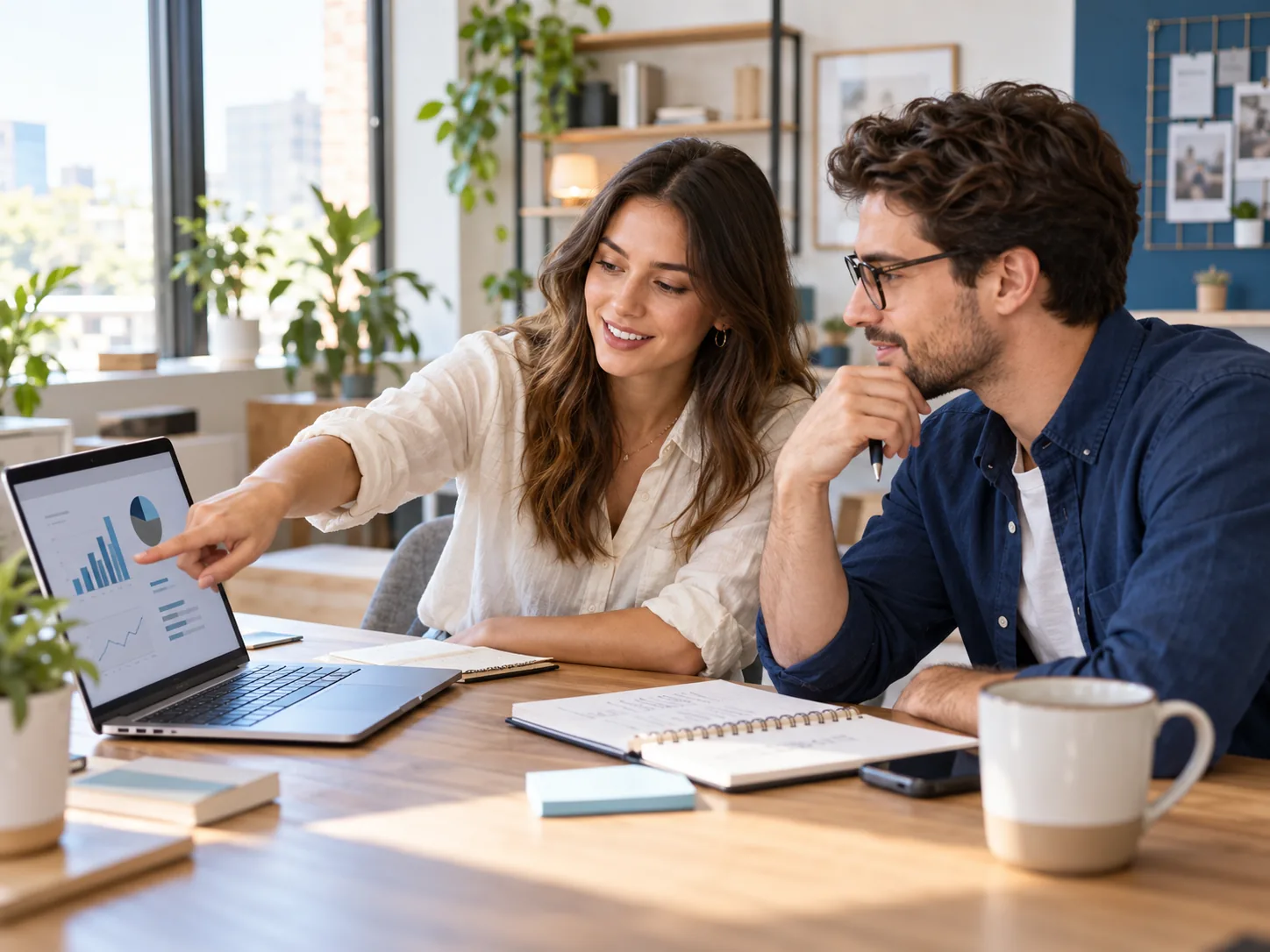 Two marketing professionals reviewing a plan together